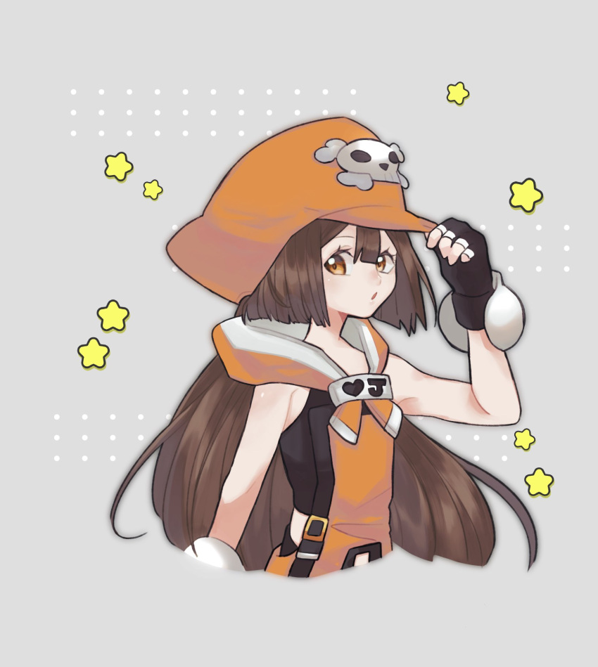 1girl adjusting_clothes adjusting_headwear black_gloves brown_hair cabbie_hat fingerless_gloves gloves guilty_gear guilty_gear_xrd hat hat_ornament highres ky4274 long_hair looking_at_viewer may_(guilty_gear) orange_eyes orange_hat pirate_hat skull_and_crossbones skull_hat_ornament star_(symbol) upper_body