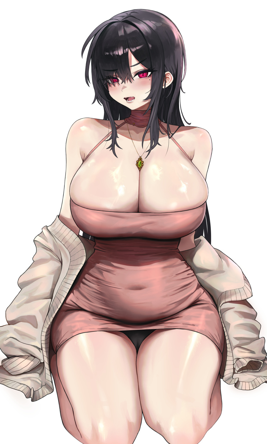 1girl absurdres bare_shoulders black_hair black_panties breasts cardigan choker cleavage commentary_request covered_navel dalman dress grey_cardigan halterneck highres jewelry korean_commentary large_breasts long_hair looking_at_viewer mixed-language_commentary mole mole_under_eye off_shoulder open_mouth original panties pencil_dress pendant pink_choker pink_dress red_eyes seiza simple_background sitting sleeveless sleeveless_dress solo thighs underwear very_long_hair white_background