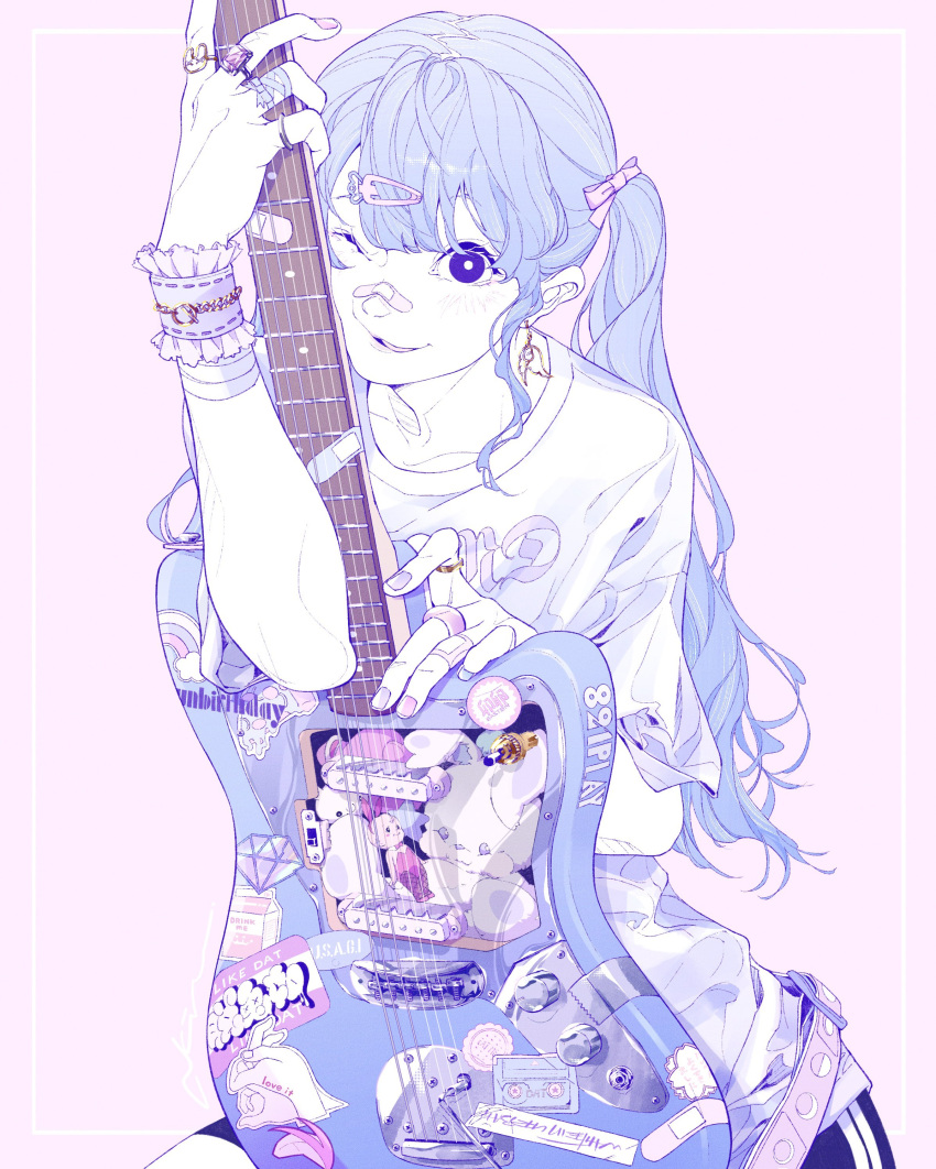 1girl absurdres akira_13go bandaid bandaid_on_face bandaid_on_hand bandaid_on_nose black_eyes black_shorts blue_hair bow bracelet bright_pupils cassette_tape colored_skin diamond_(gemstone) electric_guitar english_text fender_stratocaster frilled_bracelet guitar hair_bow hand_up highres holding holding_instrument instrument jewelry long_hair looking_at_viewer multicolored_nails one_eye_closed original parted_lips pink_background pink_bow pink_gemstone pink_nails purple_nails ring shirt shorts signature simple_background solo sticker t-shirt twintails white_pupils white_shirt white_skin