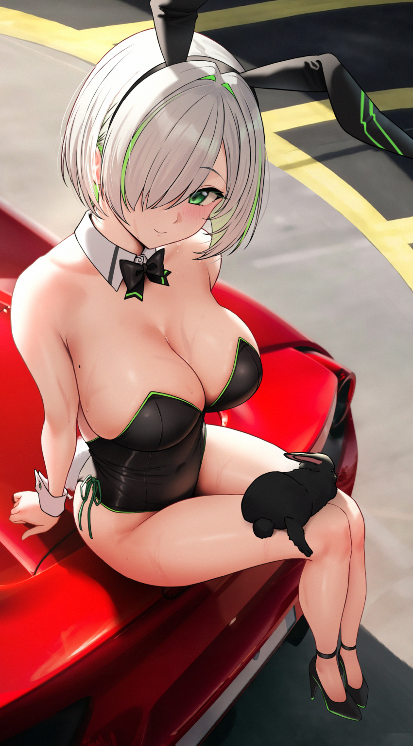 1girl animal_ears black_bow black_bowtie black_footwear black_leotard bow bowtie breasts car cleavage closed_mouth day detached_collar green_eyes green_hair hair_over_one_eye high_heels highres large_breasts leotard medium_hair motor_vehicle multicolored_hair on_vehicle original outdoors parking_lot playboy_bunny rabbit rabbit_ears rabbit_tail sitting smile solar_(happymonk) solo streaked_hair tail white_hair wrist_cuffs