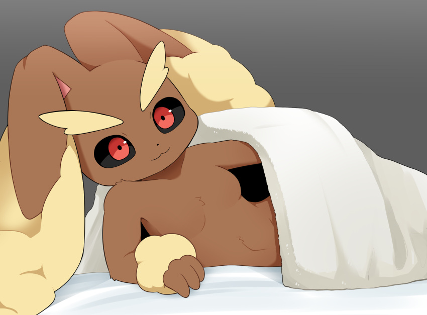 2024 anthro bedding black_sclera blanket breasts brown_body brown_ears brown_fur eyebrows female fingers fur generation_4_pokemon hi_res iris lopunny nintendo pokemon pokemon_(species) pupils red_eyes sum yellow_body yellow_ears yellow_fur