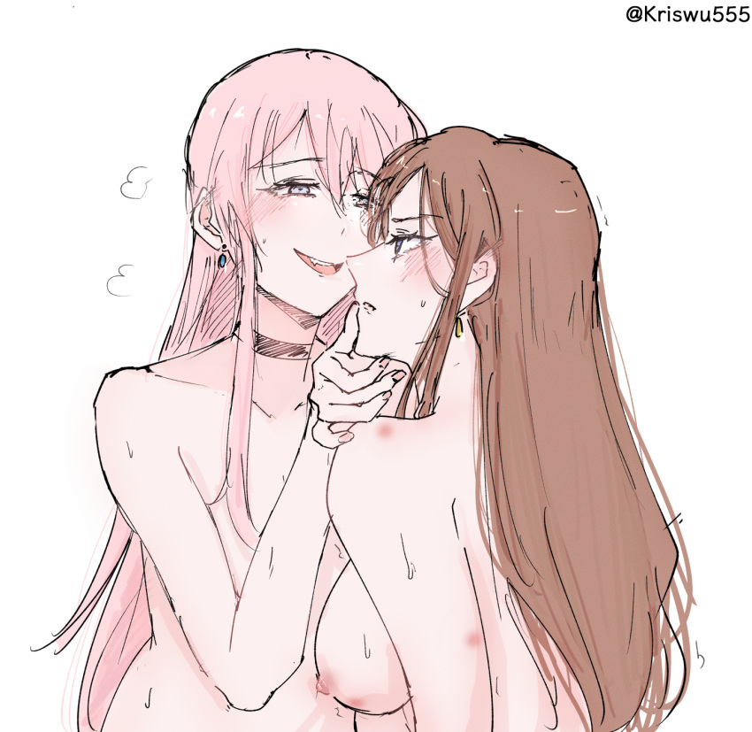 2girls bang_dream! bang_dream!_it's_mygo!!!!! black_choker blue_eyes blush breasts brown_hair chihaya_anon choker commentary_request completely_nude earrings eye_contact fang grey_eyes hand_on_another's_face hickey highres jewelry large_breasts long_hair looking_at_another multiple_girls nagasaki_soyo nipples nude open_mouth parted_lips pink_hair smile sweat twitter_username upper_body wuwuwu_(kriswu555) yuri