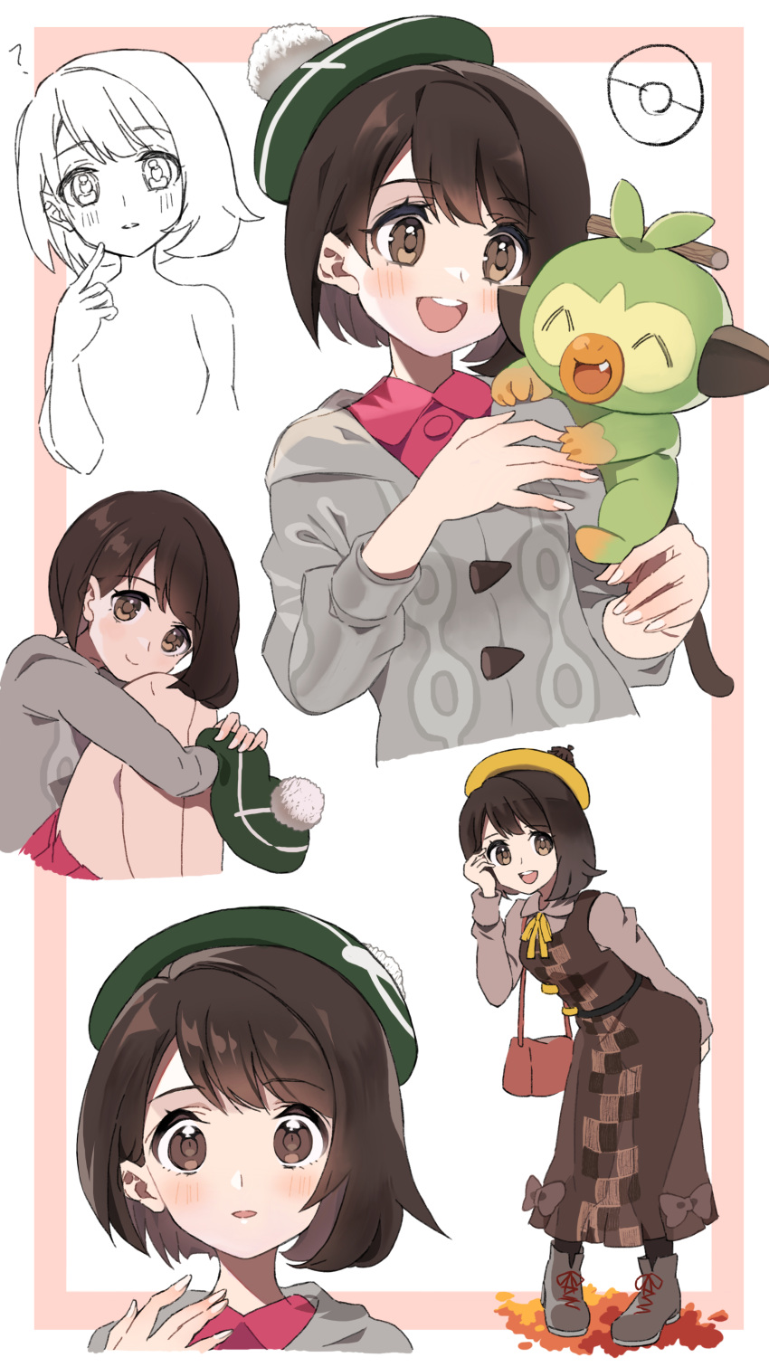 1girl :d ? absurdres alternate_costume ao_hito bag blush brown_dress brown_eyes brown_hair buttons cardigan commentary_request dress eyelashes gloria_(pokemon) green_hat grey_cardigan grookey handbag hat highres hood hood_down hooded_cardigan knees multiple_views partially_colored pigeon-toed pink_dress poke_ball_symbol pokemon pokemon_(creature) pokemon_swsh shirt short_hair smile standing tam_o'_shanter teeth upper_teeth_only