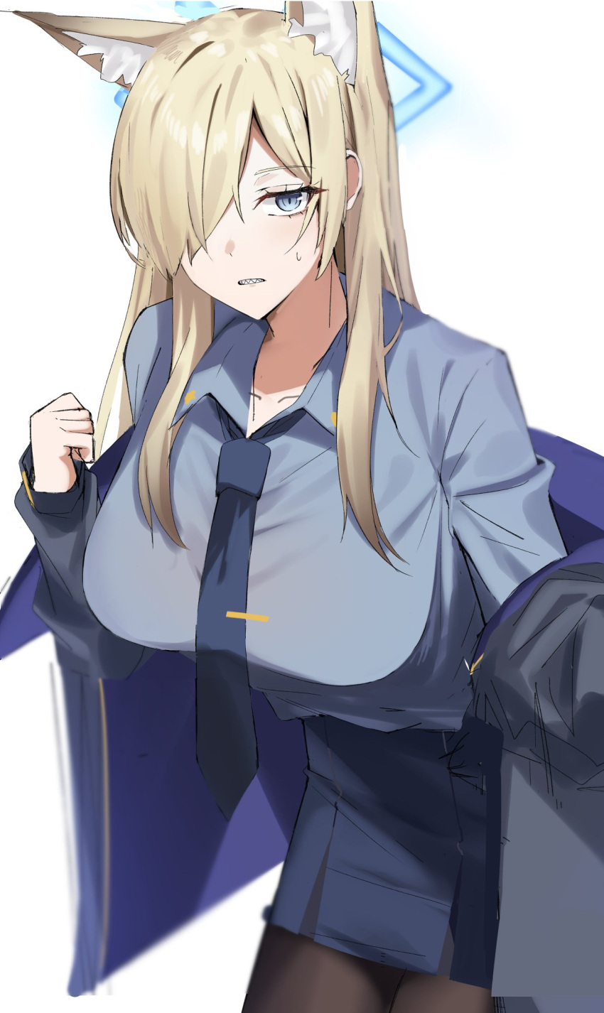 1girl animal_ear_fluff animal_ears black_jacket black_pantyhose blonde_hair blue_archive blue_eyes blue_halo blue_necktie blue_shirt blush breasts collarbone collared_shirt dog_ears dog_girl gradient_hair gunpuu hair_over_one_eye halo highres jacket kanna_(blue_archive) large_breasts long_hair long_sleeves looking_at_viewer multicolored_hair necktie open_clothes open_jacket pantyhose pencil_skirt police police_uniform policewoman removing_eyewear sharp_teeth shirt shirt_tucked_in simple_background skirt solo sweatdrop teeth tie_clip uniform white_background