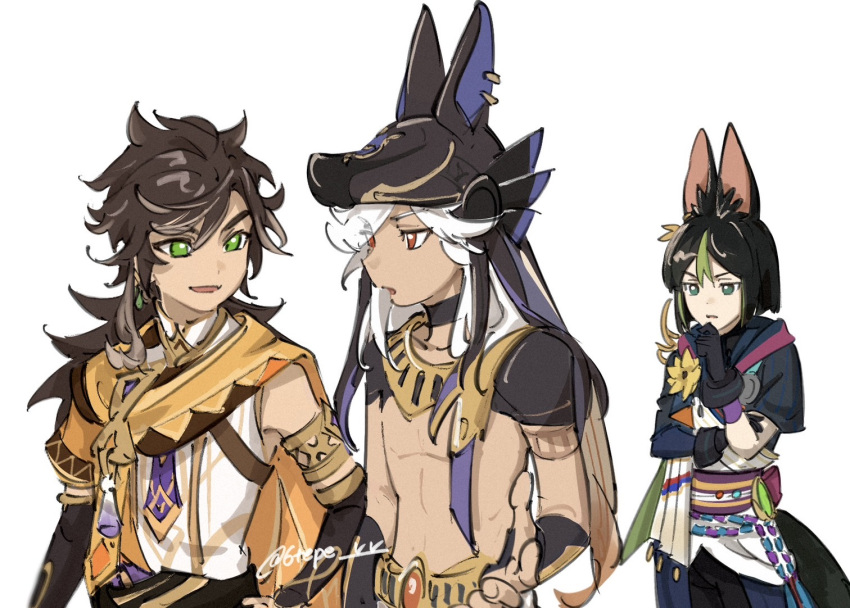 3boys 6tepe_v_v animal_ear_fluff animal_ears animal_hat black_choker black_gloves black_hair black_hat brown_hair choker cyno_(genshin_impact) dark-skinned_male dark_skin flower fox_boy fox_ears fox_tail genshin_impact gloves green_eyes green_hair hat male_focus multicolored_hair multiple_boys open_mouth red_eyes sethos_(genshin_impact) simple_background tail tighnari_(genshin_impact) twitter_username white_background white_hair yellow_flower