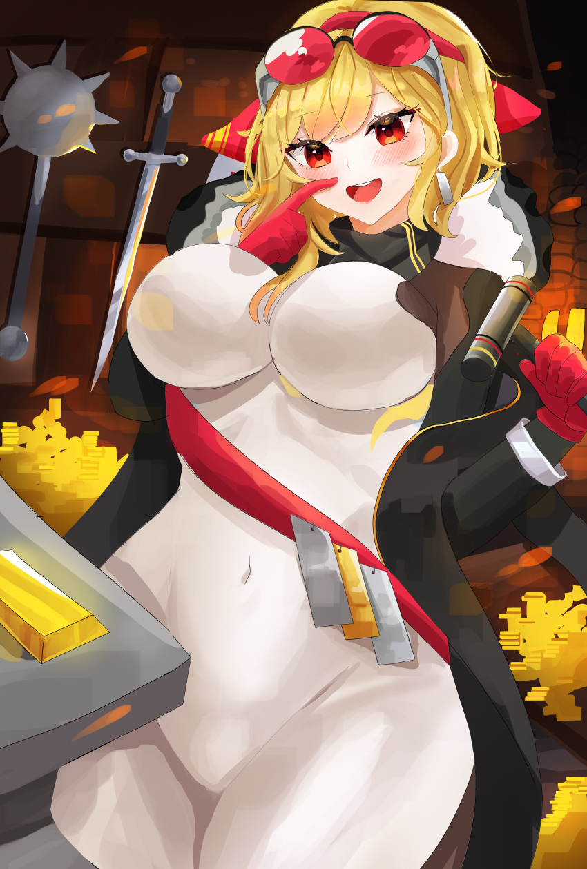 1girl absurdres black_jacket blonde_hair breasts dress fur_collar highres hololive hololive_indonesia impossible_clothes impossible_dress jacket kaela_kovalskia kaela_kovalskia_(1st_costume) large_breasts looking_at_viewer medium_hair open_mouth red_eyes skin_tight smile teeth upper_teeth_only virtual_youtuber wellski white_dress