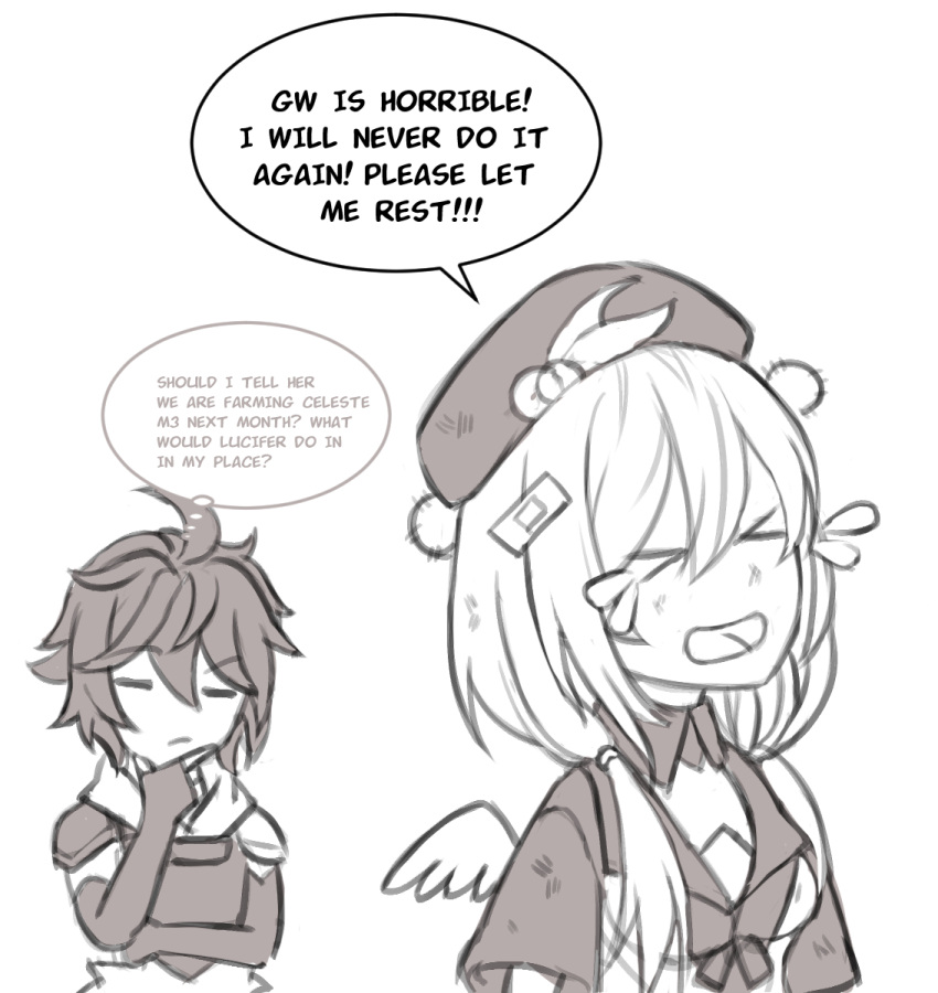 &gt;_&lt; 1boy 1girl =_= ahoge bandaid beret english_text granblue_fantasy greyscale hat head_bump highres long_hair low_twintails marika_(kbd04) medium_hair monochrome open_mouth post_guild_war_celebration raziel_(granblue_fantasy) sandalphon_(granblue_fantasy) tears twintails upper_body wings