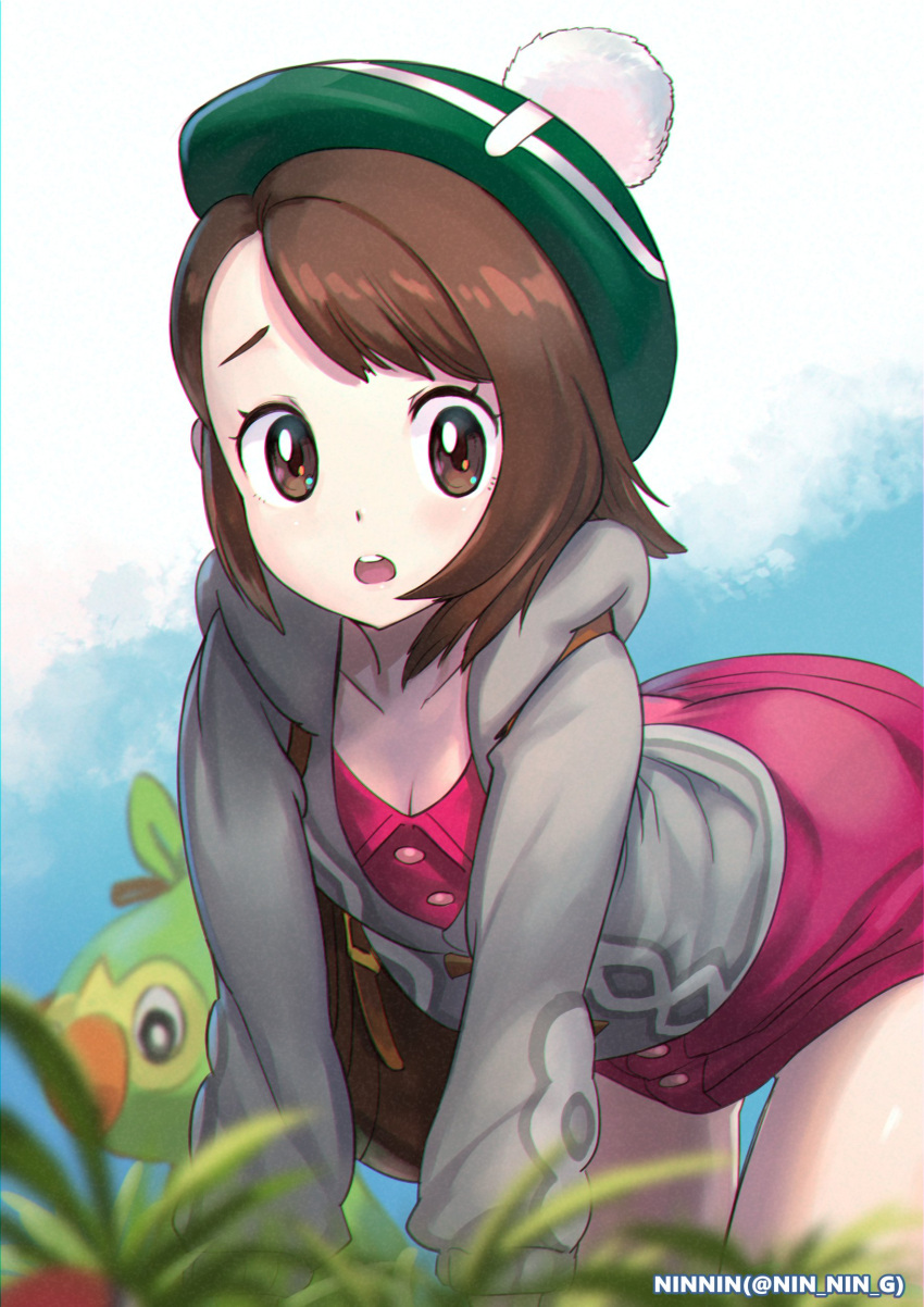 1girl absurdres all_fours backpack bag bangs brown_eyes brown_hair cardigan collarbone commentary_request dress gloria_(pokemon) green_headwear grey_cardigan grookey hat highres long_sleeves looking_at_viewer ninnin_(shishitou) open_mouth pink_dress pokemon pokemon_(creature) pokemon_(game) pokemon_swsh revision short_hair tam_o'_shanter thighs twitter_username
