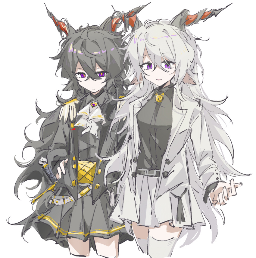 2girls arknights ascot black_hair black_jacket black_shirt black_skirt collared_shirt ebenholz_(arknights) genderswap genderswap_(mtf) hair_between_eyes highres horns jacket jiekuijiangshadaonijiamenkou kreide_(arknights) long_hair long_sleeves miniskirt multiple_girls open_clothes open_jacket pleated_skirt purple_eyes shirt simple_background skirt thighhighs white_ascot white_background white_hair white_skirt white_thighhighs