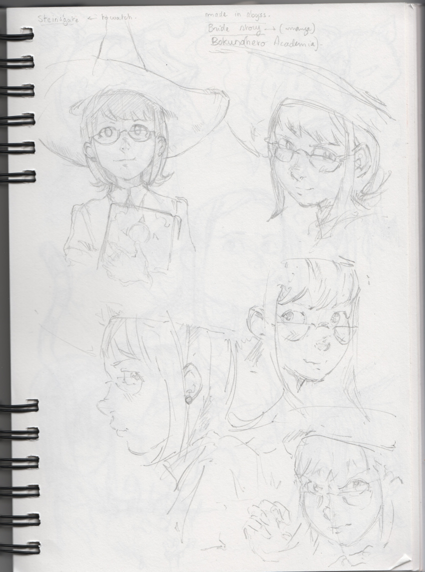 1girl absurdres book david_revoy english_text glasses hat highres multiple_persona non-web_source shirt sketch witch_hat