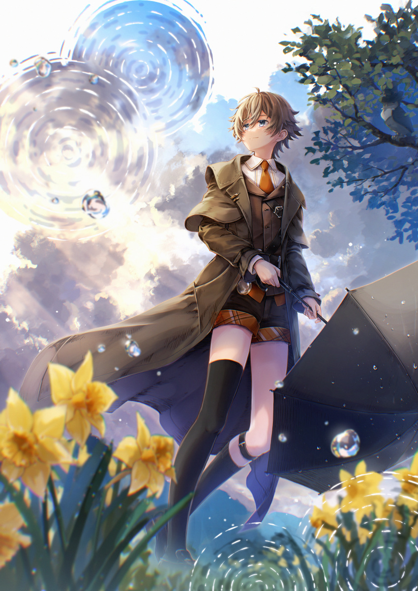 1boy absurdres asymmetrical_legwear bird bishounen black_socks black_thighhighs black_umbrella blue_eyes blurry blurry_foreground brown_footwear brown_hair brown_shorts brown_vest cloud cloudy_sky coat collared_shirt flower full_body grass grey_coat highres holding holding_umbrella kneehighs loafers long_sleeves looking_up male_focus maou_(mischief2004) necktie oliver_fog open_clothes open_coat orange_necktie owl reverse:1999 ripples shirt shoes short_hair shorts single_sock single_thighhigh sky smile socks solo thighhighs tree turning_head umbrella uneven_legwear vest waistcoat walking water_drop white_shirt white_sky yellow_flower