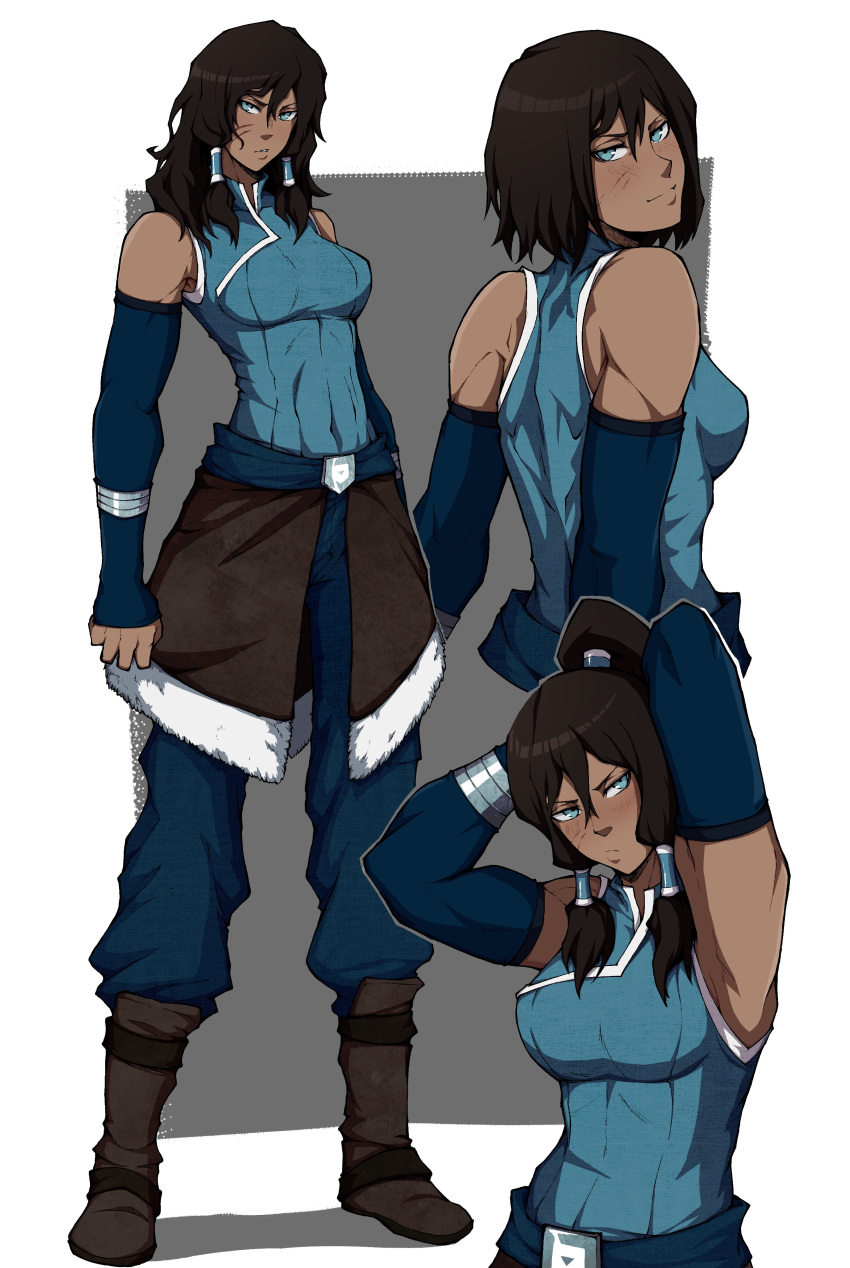 1girl absurdres animification armpits arms_behind_head arms_up avatar_legends black_hair blue_eyes blush dark-skinned_female dark_skin hair_tubes highres kekel korra muscular muscular_female presenting_armpit short_hair smile solo the_legend_of_korra toned topknot