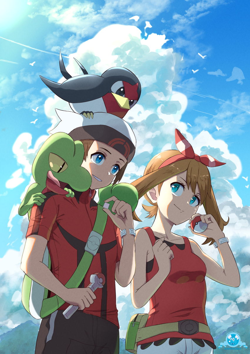 1boy 1girl absurdres animal_on_head asada_yo beanie bird bird_on_head blue_eyes bow_hairband bracelet breasts brendan_(pokemon) brown_hair cloud commentary_request day fanny_pack hairband hat highres holding holding_poke_ball jewelry may_(pokemon) on_head outdoors poke_ball poke_ball_(basic) pokeblock_case pokemon pokemon_(creature) pokemon_on_head pokemon_oras red_hairband red_shirt shirt short_sleeves shorts sky sleeveless sleeveless_shirt smile taillow treecko white_hat white_shorts yellow_bag zipper_pull_tab