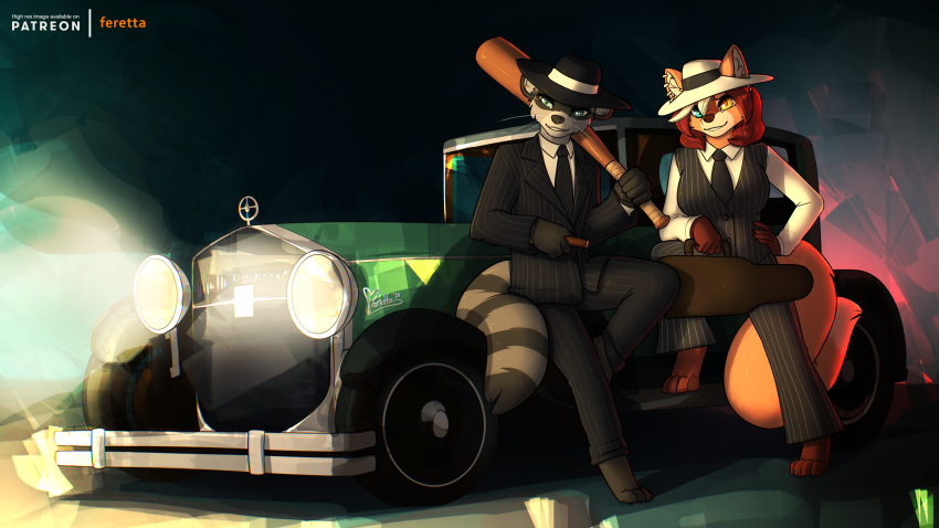 1920s accalia_elementia anthro baseball_bat baseball_bat_over_shoulder bat_(object) blue_eyes canid canine car cigar classic_car clothing duo ear_piercing ear_ring fedora female feretta fox fur grey_body grey_fur hair hat headgear headlights headwear heterochromia hi_res jillips leaning_on_car leaning_on_vehicle male mammal night orange_body orange_fur piercing pinstripe_suit procyonid raccoon red_hair ring_piercing suit_and_tie topwear vehicle vest violin_case white_body white_fur white_hair yellow_eyes