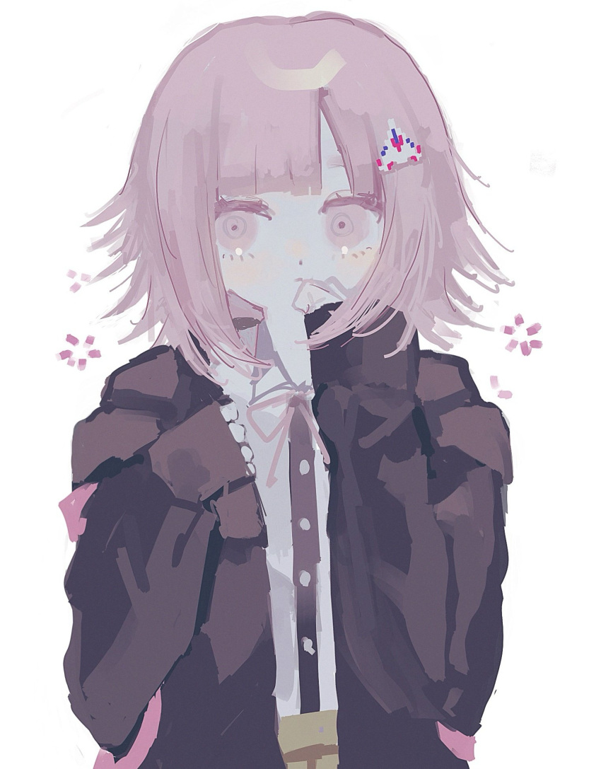 1girl asawa_a31 black_shirt brown_hair brown_skirt collared_shirt danganronpa_(series) danganronpa_2:_goodbye_despair dress_shirt hands_up highres jacket medium_hair nanami_chiaki neck_ribbon open_clothes open_jacket pink_eyes pink_ribbon ribbon shirt simple_background skirt sleeves_past_wrists solo spaceship_hair_ornament upper_body white_background white_shirt