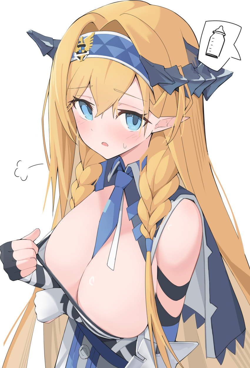 1girl absurdres arknights arm_under_breasts between_breasts black_gloves blonde_hair blue_eyes blue_necktie blush braid breasts cleavage demon_girl demon_horns fingerless_gloves forward_facing_horns gloves highres horns large_breasts looking_at_viewer necktie necktie_between_breasts open_mouth pointy_ears saileach_(arknights) solo spoken_object twin_braids upper_body yuuko_(oruta)