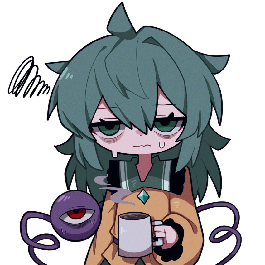 1girl bags_under_eyes buttons closed_mouth coffee collared_sweater cup diamond_button exhausted green_eyes green_hair grey_background hair_between_eyes highres holding holding_cup komeiji_koishi long_hair looking_at_viewer red_eyes simple_background solo sweater third_eye touhou upper_body wavy_mouth yellow_sweater zunusama