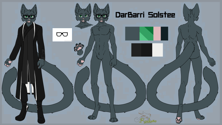 absurd_res anthro clothed clothing digital_media_(artwork) domestic_cat english_text eyewear felid feline felis fluffy fluffy_tail fur glasses green_eyes grey_body grey_fur hi_res looking_at_viewer male mammal open_mouth pawpads refference rinkamo signature simple_background smile solo tail text topwear