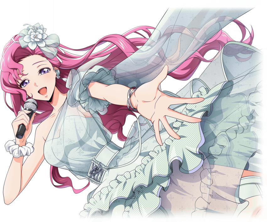 1girl alpha_transparency artist_request bangle blush bracelet breasts code_geass code_geass:_lost_stories collarbone dress dutch_angle earrings euphemia_li_britannia flower frilled_dress frills game_cg hair_flower hair_ornament half-closed_eyes hand_up happy highres holding holding_microphone jewelry leg_up long_hair looking_at_viewer medium_breasts microphone music non-web_source official_art open_mouth outstretched_arm pink_hair purple_eyes reaching reaching_towards_viewer scrunchie see-through see-through_dress shoes short_sleeves sidelocks simple_background singing single_bare_shoulder single_sleeve smile solo spread_fingers standing standing_on_one_leg transparent_background unmoving_pattern white_dress white_flower white_footwear white_scrunchie wrist_scrunchie