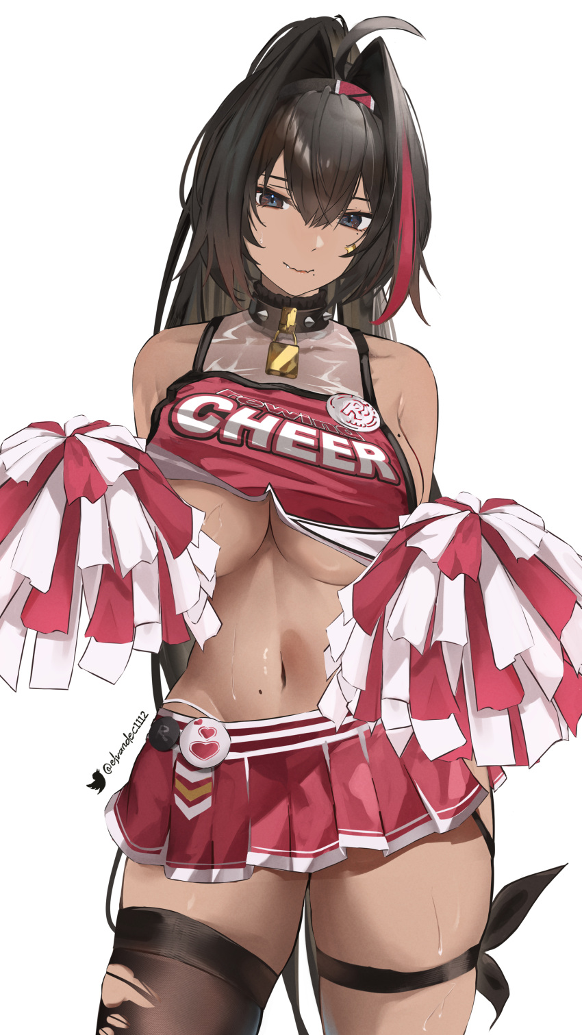 1girl absurdres ahoge bare_shoulders bay_(nikke) black_eyes black_hair breasts cheerleader closed_mouth commentary cowboy_shot dark-skinned_female dark_skin elvandec english_commentary goddess_of_victory:_nikke hair_intakes hairband highres holding holding_pom_poms large_breasts long_hair looking_at_viewer miniskirt mole mole_on_stomach mole_under_eye mole_under_mouth multicolored_hair navel necklock pleated_skirt pom_pom_(cheerleading) ponytail red_hair red_skirt revision single_thighhigh skirt solo stomach streaked_hair thigh_strap thighhighs thighs torn_clothes torn_thighhighs twitter_username underboob white_background