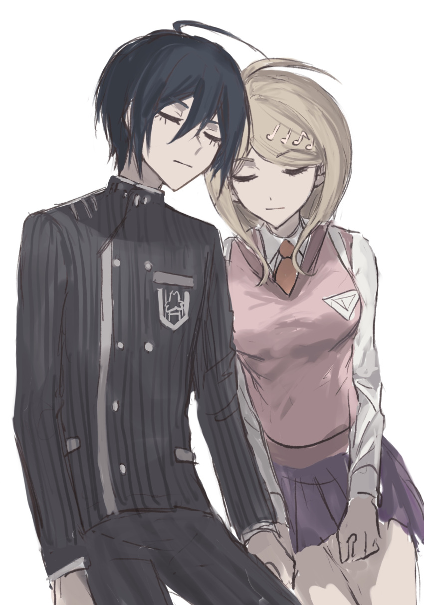 1boy 1girl absurdres ahoge akamatsu_kaede black_jacket black_pants blonde_hair breast_pocket breasts buttons closed_eyes closed_mouth danganronpa_(series) danganronpa_v3:_killing_harmony double-breasted fu_ga_(vivi912912) grey_background grey_shirt hair_ornament highres holding_hands jacket large_breasts long_hair long_sleeves miniskirt musical_note musical_note_hair_ornament necktie pants pink_sweater_vest pocket purple_skirt saihara_shuichi shirt simple_background sitting skirt striped_clothes striped_jacket sweater_vest