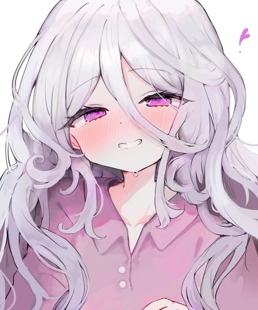 1girl blue_archive blush buttons dot_nose hair_between_eyes half-closed_eyes highres hina_(blue_archive) long_hair looking_at_viewer naya_(888890tt) portrait purple_eyes purple_shirt shirt simple_background smile solo teeth white_background white_hair