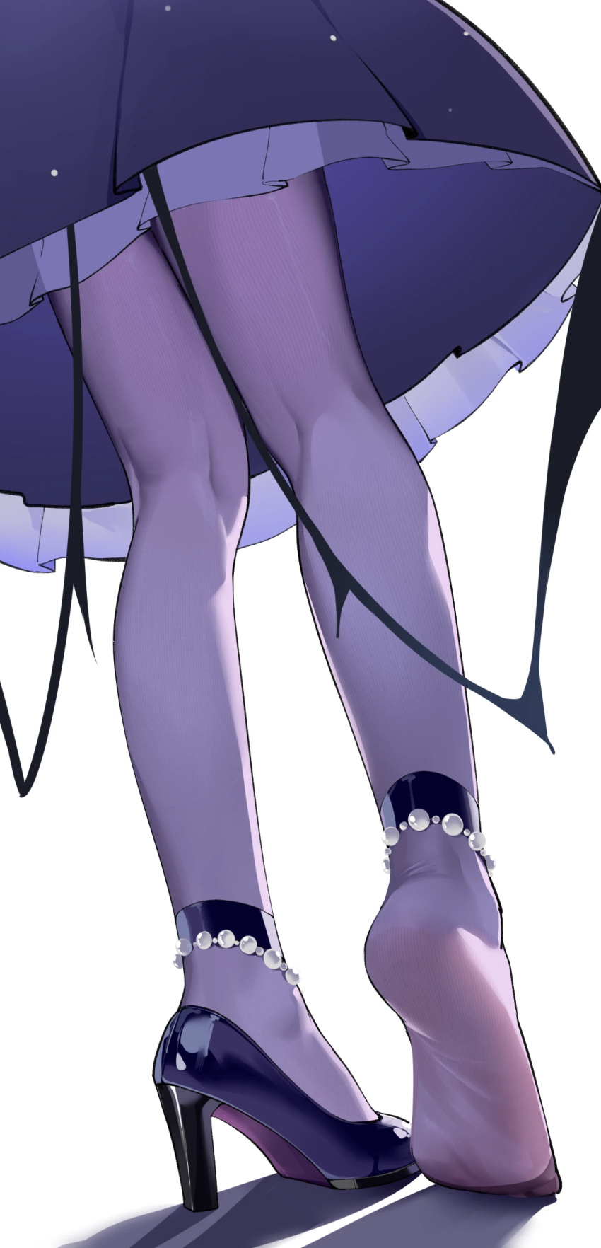 1girl absurdres blue_archive dress frilled_dress frills from_behind high_heels highres hina_(blue_archive) hina_(dress)_(blue_archive) low_wings lower_body painterliuhao pantyhose purple_dress purple_pantyhose shoes single_shoe solo standing wings