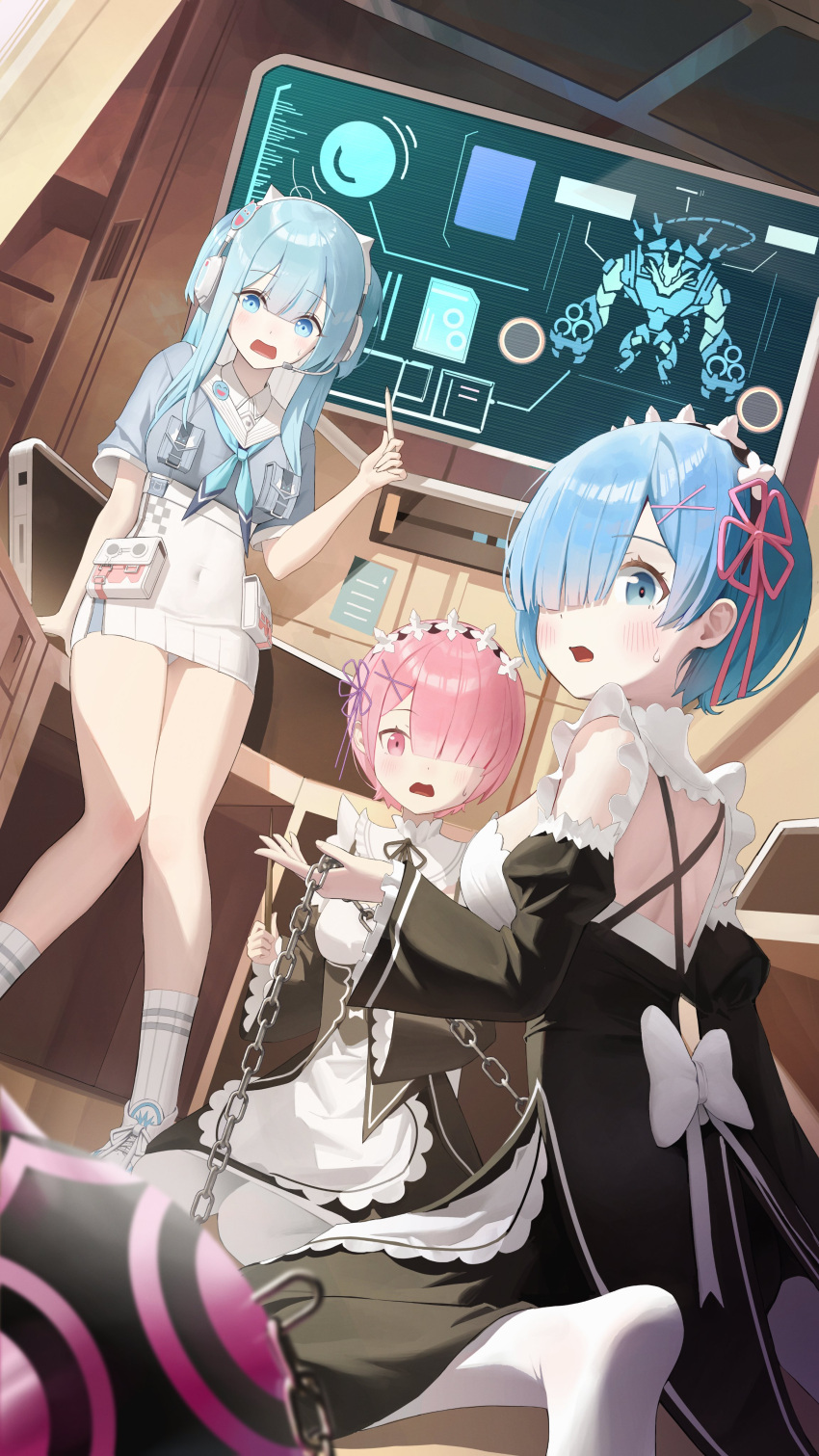 3girls absurdres animal_ear_headphones animal_ears ball_and_chain_(weapon) blue_eyes blue_hair blue_neckerchief blush breasts chain collared_dress covered_navel crop_top dress fake_animal_ears goddess_of_victory:_nikke hair_between_eyes hair_ornament hair_over_one_eye hair_ribbon headphones headset highres holding holding_stylus light_blue_hair long_hair looking_at_viewer maid maid_headdress medium_breasts multiple_girls neckerchief open_mouth panties pantyshot pink_eyes pink_hair pink_ribbon ram_(re:zero) re:zero_kara_hajimeru_isekai_seikatsu rem_(re:zero) ribbon shifty_(nikke) shoes short_hair short_sleeves side_ponytail sneakers socks spiked_ball_and_chain stylus sweatdrop underwear weapon white_dress white_panties white_socks wrist_cuffs x_hair_ornament yarn_(yarn_03)