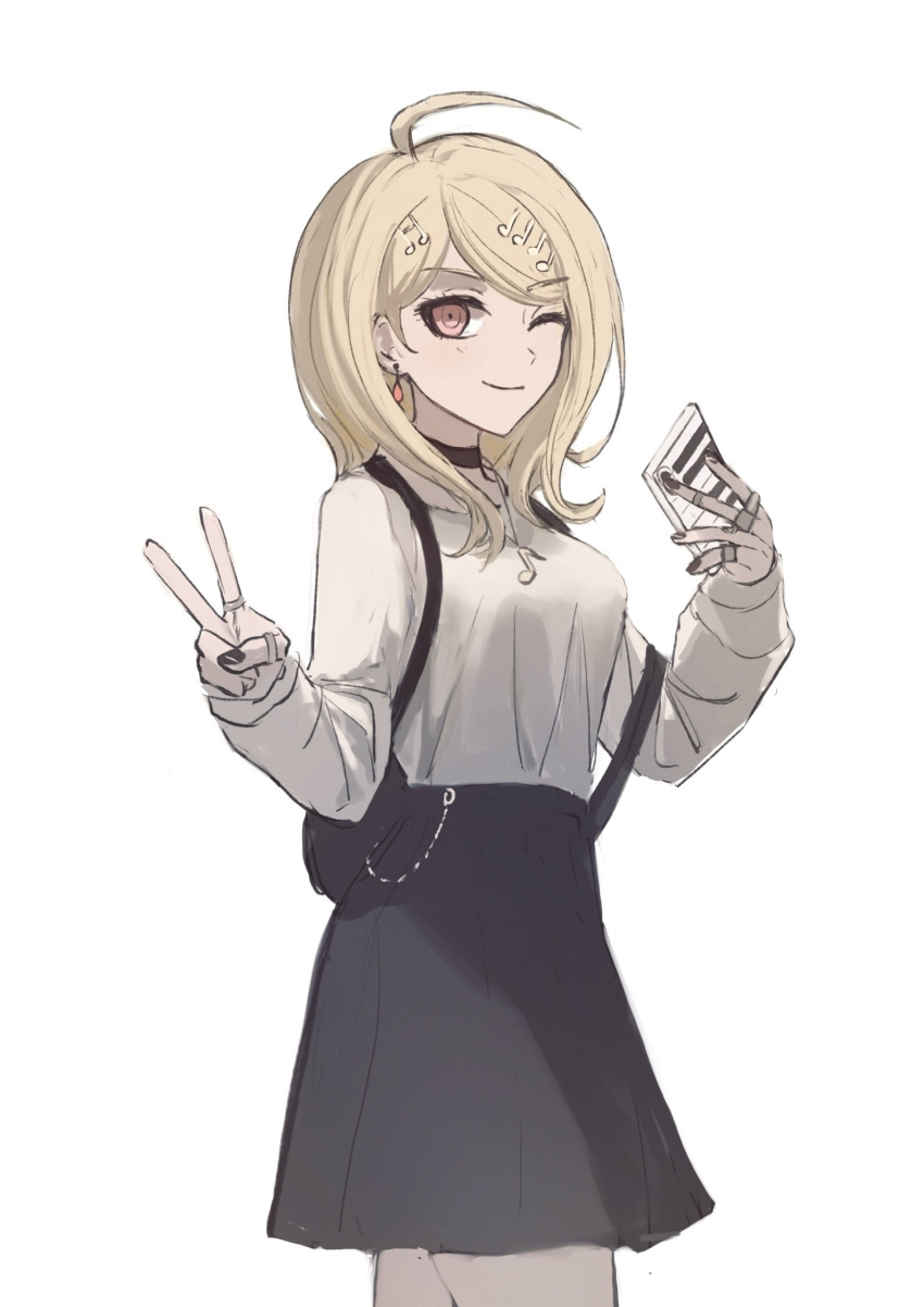 1girl ;) ahoge akamatsu_kaede alternate_costume black_nails black_skirt blonde_hair breasts cowboy_shot danganronpa_(series) danganronpa_v3:_killing_harmony fu_ga_(vivi912912) grey_shirt hair_ornament highres holding jewelry long_hair long_sleeves medium_breasts musical_note musical_note_hair_ornament one_eye_closed pink_eyes ring shirt shirt_tucked_in simple_background skirt smile solo v