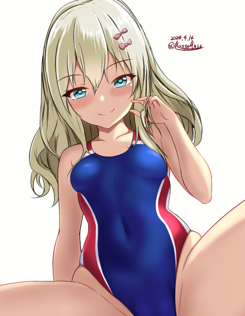 1girl blonde_hair blue_one-piece_swimsuit breasts competition_swimsuit dated grecale_(kancolle) green_eyes hair_ornament hairclip highres kantai_collection long_hair looking_at_viewer montemasa one-hour_drawing_challenge one-piece_swimsuit simple_background sitting small_breasts smile solo spread_legs swimsuit tan twitter_username two-tone_swimsuit white_background