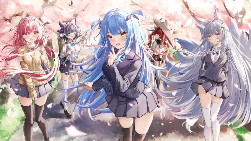 5girls absurdres alternate_costume azur_lane bag cat_girl cherry_blossoms cheshire_(azur_lane) fox_girl hairband highres holding holding_umbrella honolulu_(azur_lane) honolulu_(umbrella_girl)_(azur_lane) kitsune looking_at_viewer makihige multiple_girls neptune_(azur_lane) official_alternate_costume pantyhose perseus_(azur_lane) pleated_skirt school_bag school_uniform shinano_(azur_lane) skirt thighhighs twitter_username umbrella