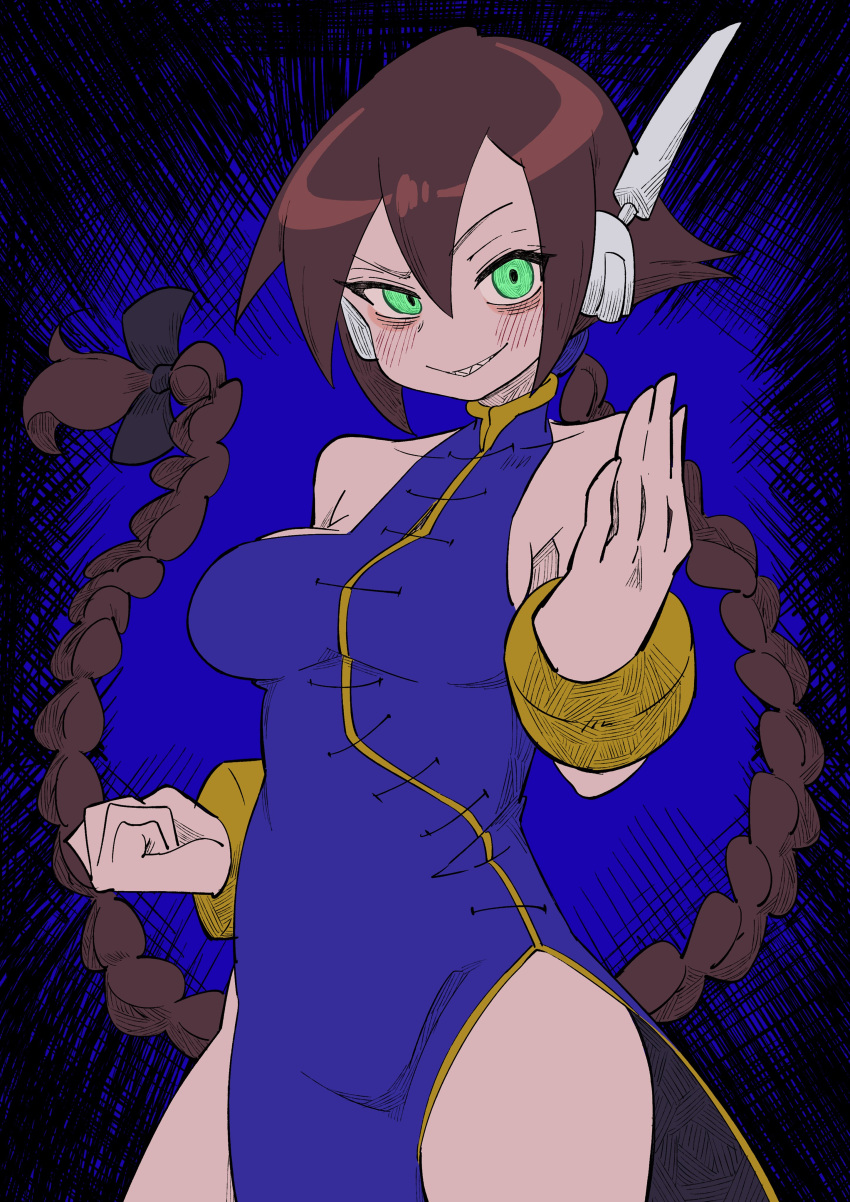 1girl absurdres aile_(mega_man_zx) bare_shoulders blue_background blue_dress blush braid braided_ponytail breasts brown_hair buzzlyears china_dress chinese_clothes clenched_hand covered_collarbone cowboy_shot dress fighting_stance green_eyes highres long_hair looking_at_viewer martial_arts medium_breasts mega_man_(series) mega_man_zx mega_man_zx_advent robot_ears sharp_teeth sideboob sleeveless sleeveless_dress smirk solo teeth thighhighs