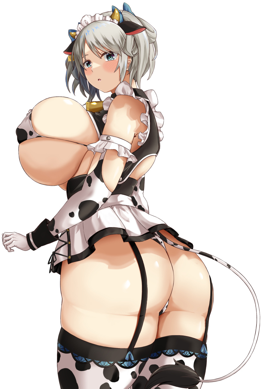 1girl absurdres alternate_costume animal_ears animal_print ass bikini breasts ciel_alencon cow_ears cow_girl cow_print cow_tail god_eater god_eater_2:_rage_burst grey_hair highres hizakake huge_breasts maid_bikini short_twintails solo swimsuit tail thick_thighs thighs twintails