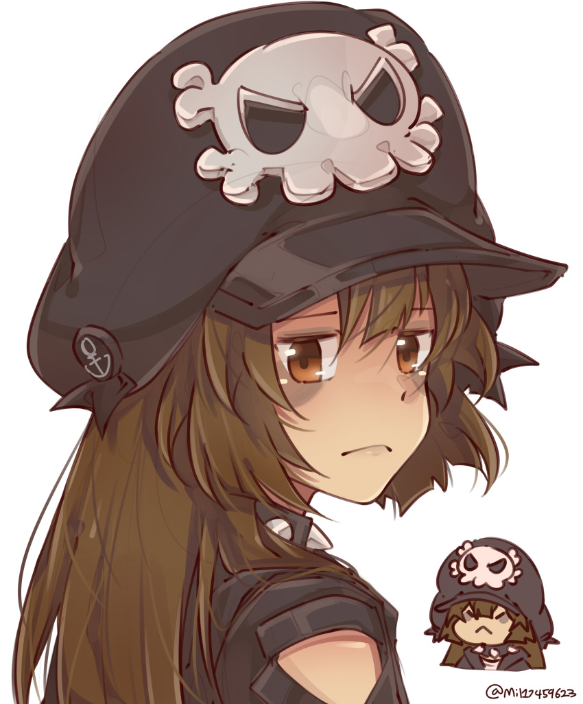 1girl adapted_costume alternate_color bags_under_eyes bare_shoulders black_choker black_hat brown_eyes brown_hair cabbie_hat choker collar guilty_gear guilty_gear_strive hat hat_ornament highres long_hair looking_at_viewer may_(guilty_gear) mil17459623 skull_and_crossbones skull_hat_ornament spiked_collar spikes upper_body