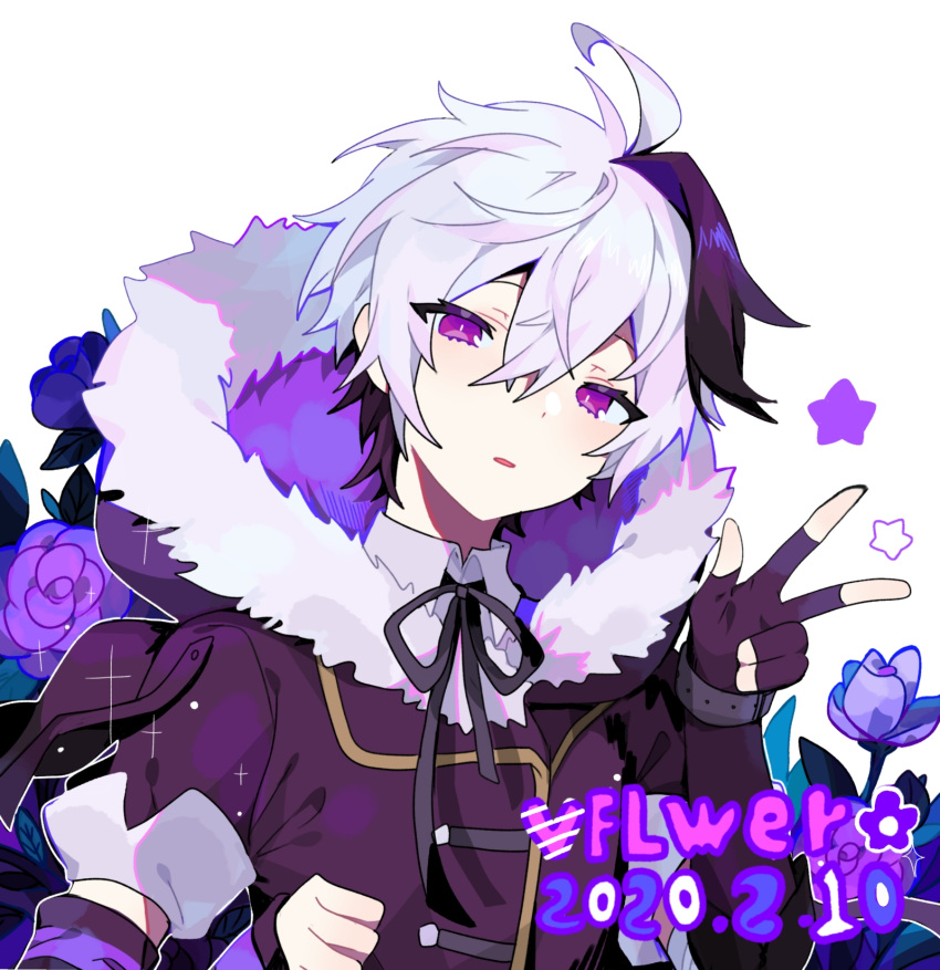 1girl ahoge androgynous arm_warmers black_hair character_name coat dated dress_shirt flower flower_(vocaloid) flower_(vocaloid4) fur_trim gloves highres hood hood_down multicolored_hair neck_ribbon open_mouth purple_eyes ribbon shirt short_hair single_arm_warmer star_(symbol) tomboy two-tone_hair user_hpax4234 v vocaloid watch white_hair winter_clothes winter_coat winter_uniform wristwatch