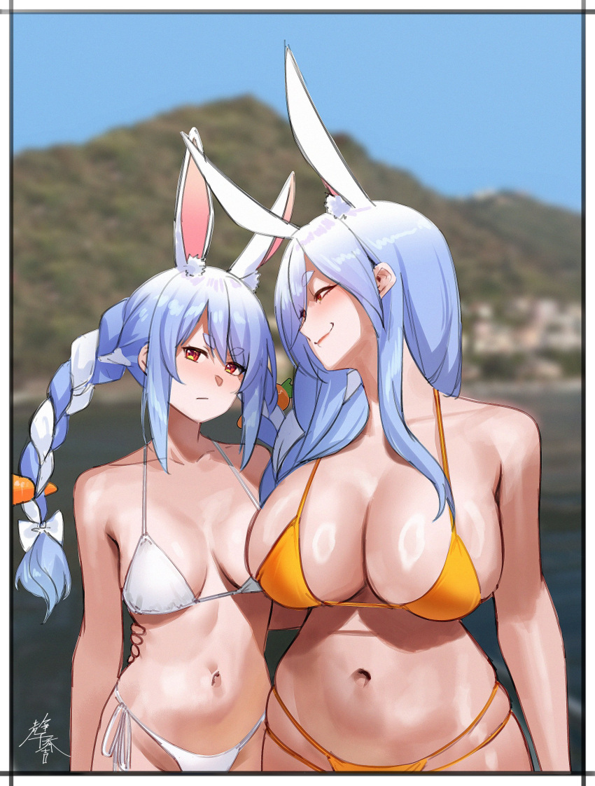 absurdres animal_ear_fluff animal_ears blue_hair blush braid braided_ponytail breast_conscious breast_envy breasts highres hololive large_breasts long_hair looking_at_another looking_at_viewer mature_female multicolored_hair pekomama rabbit_ears rabbit_girl red_eyes shizuko_hideyoshi short_eyebrows smile thick_eyebrows usada_pekora virtual_youtuber white_hair