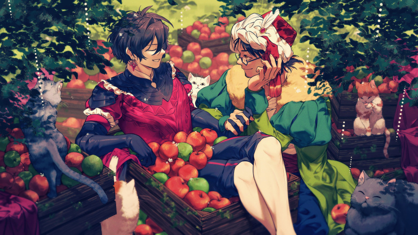 2boys absurdres apple black_cat black_shorts cat constantine_xi_(fate) crate earrings facial_hair fate/grand_order fate_(series) food fruit glasses goatee green_apple green_jacket grey_cat hair_between_eyes hat_feather highres holding_hands in_container jacket jewelry looking_at_another male_focus mehmed_ii_(fate) multiple_boys red_apple shooou_0104 shorts sitting smile turban white_cat yaoi