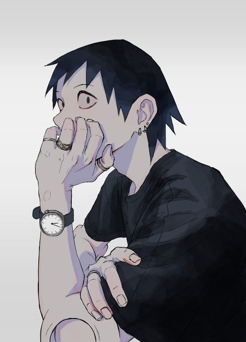 1boy black_eyes black_hair black_shirt boku_no_hero_academia ear_piercing hand_up highres jewelry jirou2 male_focus piercing ring sanpaku sero_hanta shirt short_hair simple_background solo watch white_background wristwatch