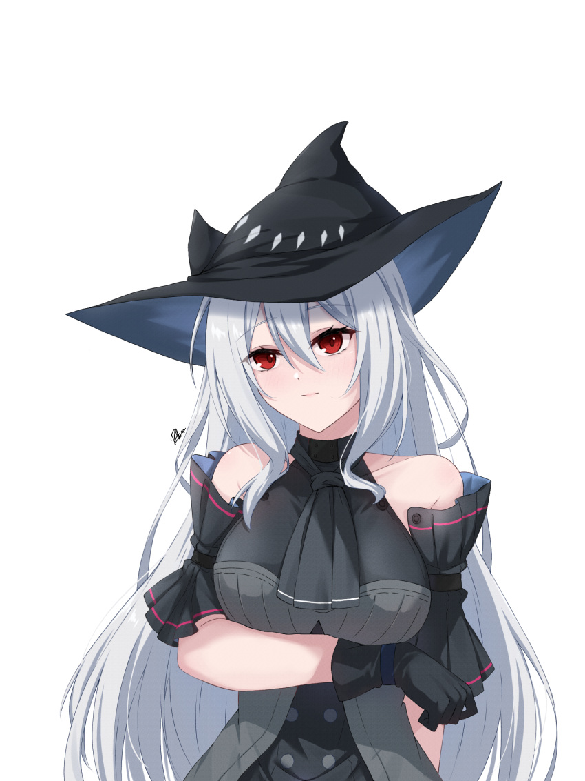 1girl arknights ascot bare_shoulders black_ascot black_gloves commentary gloves grey_hair hair_between_eyes hat highres long_hair looking_at_viewer neko_reina red_eyes signature simple_background skadi_(arknights) solo upper_body very_long_hair white_background witch_hat