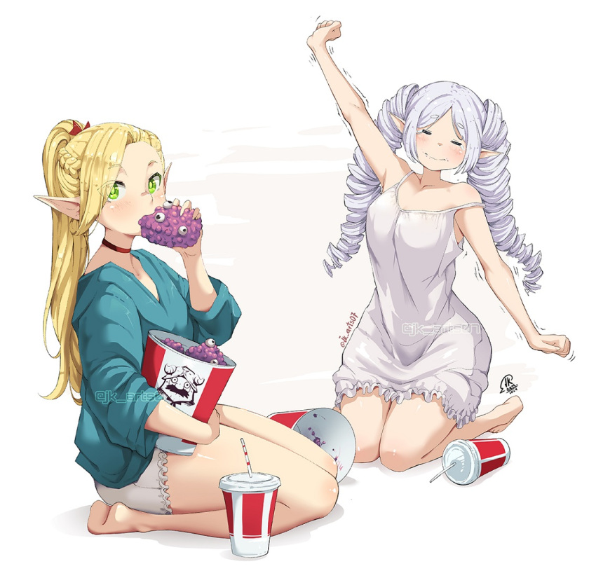 2girls aqua_shirt arm_up bare_legs barefoot blonde_hair braid breasts closed_eyes commentary cup disposable_cup drill_hair dungeon_meshi eating elf english_commentary food frieren green_eyes hair_ribbon holding holding_food jk_arts legs long_hair marcille_donato motion_lines multiple_girls nightgown pointy_ears ponytail red_ribbon ribbon senshi_(dungeon_meshi) shirt shorts side_braid sleepy soles sousou_no_frieren strap_slip stretching twin_drills twitter_username white_nightgown white_shorts