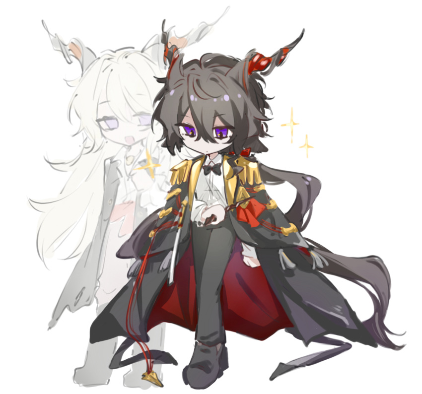 2boys arknights black_bow black_bowtie black_cape black_footwear black_hair black_pants bow bowtie cape collared_shirt deformed ebenholz_(arknights) hair_between_eyes hair_bow highres horns jiekuijiangshadaonijiamenkou kreide_(arknights) long_hair long_sleeves male_focus multiple_boys open_mouth pants ponytail purple_eyes red_bow shirt short_hair simple_background sketch smile sparkle two-sided_cape two-sided_fabric white_background white_shirt