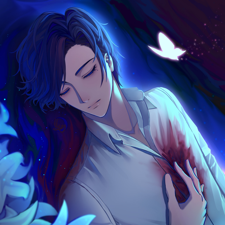 1boy 713meng blood blood_on_clothes blue_hair bug butterfly clarence_clayden closed_eyes closed_mouth collared_shirt curtained_hair death flower hand_on_own_chest highres light_particles lily_(flower) long_sleeves lovebrush_chronicles lying male_focus mole mole_under_eye on_back open_collar pool_of_blood shirt short_hair solo swept_bangs upper_body white_flower white_lily white_shirt