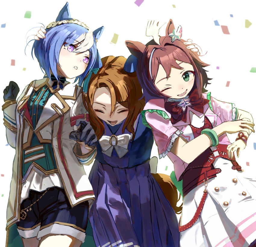 3girls ;d ahoge animal_ears black_gloves black_shorts blue_hair bow bowtie braid brown_hair cesario_(umamusume) crown_braid ear_bow ear_covers gloves green_bow green_eyes highres horse_ears horse_girl jacket king_halo_(umamusume) long_hair long_sleeves multiple_girls no_uwazumi one_eye_closed pleated_skirt purple_eyes purple_serafuku purple_shirt purple_skirt red_bow red_bowtie rhein_kraft_(umamusume) sailor_collar sailor_shirt school_uniform serafuku shirt short_hair shorts skirt smile tracen_school_uniform umamusume white_hair white_jacket white_skirt