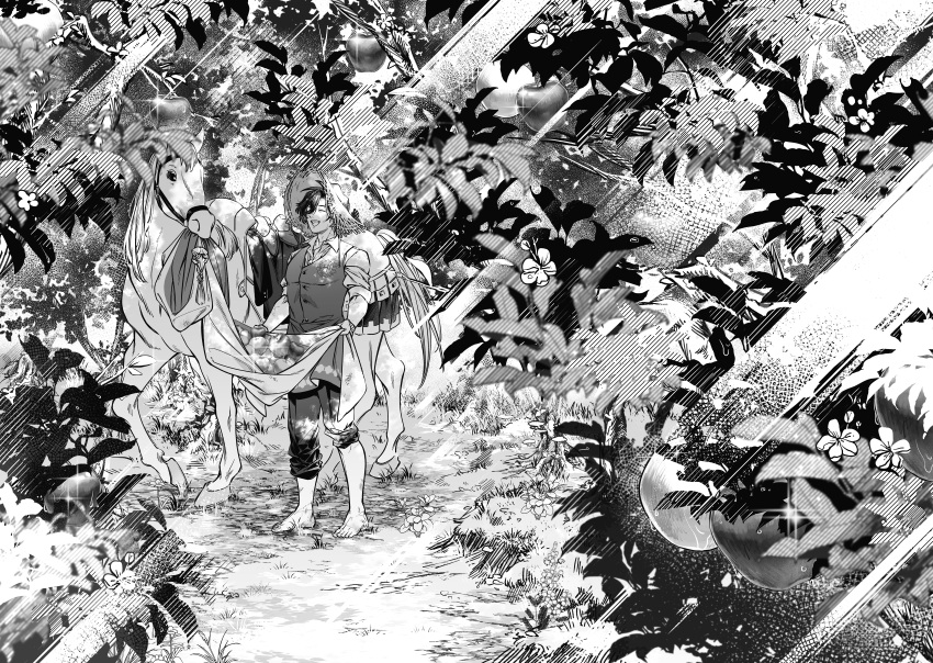 1boy absurdres animal barefoot blanket border branch closed_eyes constantine_xi_(fate) fate/grand_order fate_(series) flower greyscale happy harvesting hibiscus highres horse male_focus monochrome open_mouth outdoors pants saddle shooou_0104 short_hair sleeves_rolled_up solo standing sunlight tree vest water_drop white_border