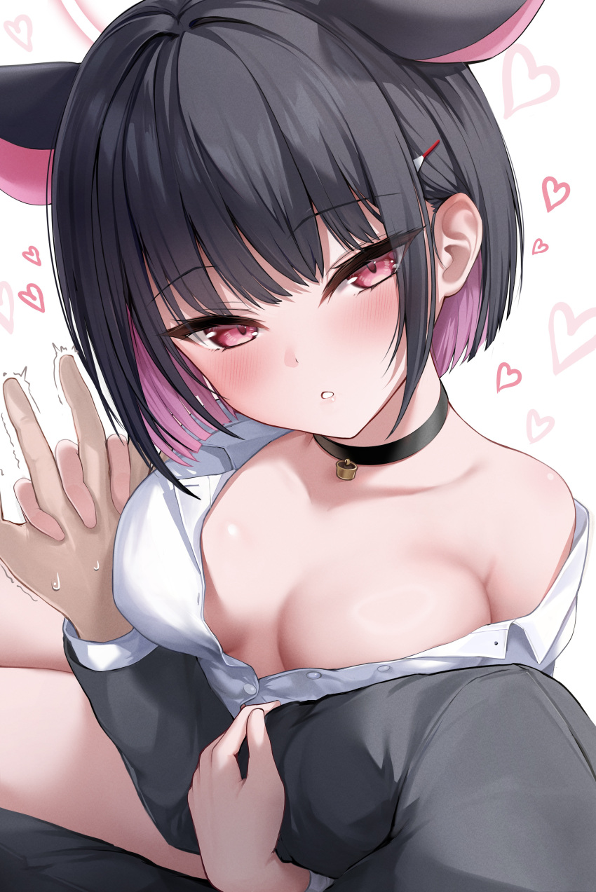 1boy 1girl :o absurdres animal_ears black_choker blue_archive blush breasts cat_ears cat_girl choker cleavage collarbone colored_inner_hair commentary_request extra_ears hair_ornament hairclip halo heart highres holding_hands interlocked_fingers kazusa_(blue_archive) long_hair looking_at_viewer medium_breasts multicolored_hair off_shoulder pink_hair red_eyes shiranui_(nisioisin_sinob) simple_background solo_focus thighs trembling two-tone_hair white_background white_halo