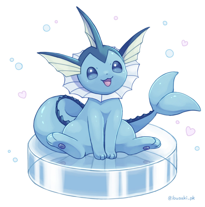 artist_name bubble fins highres ibusaki_(ivu) looking_at_viewer no_humans open_mouth pokemon pokemon_(creature) simple_background sitting smile solo spikes twitter_username vaporeon white_background