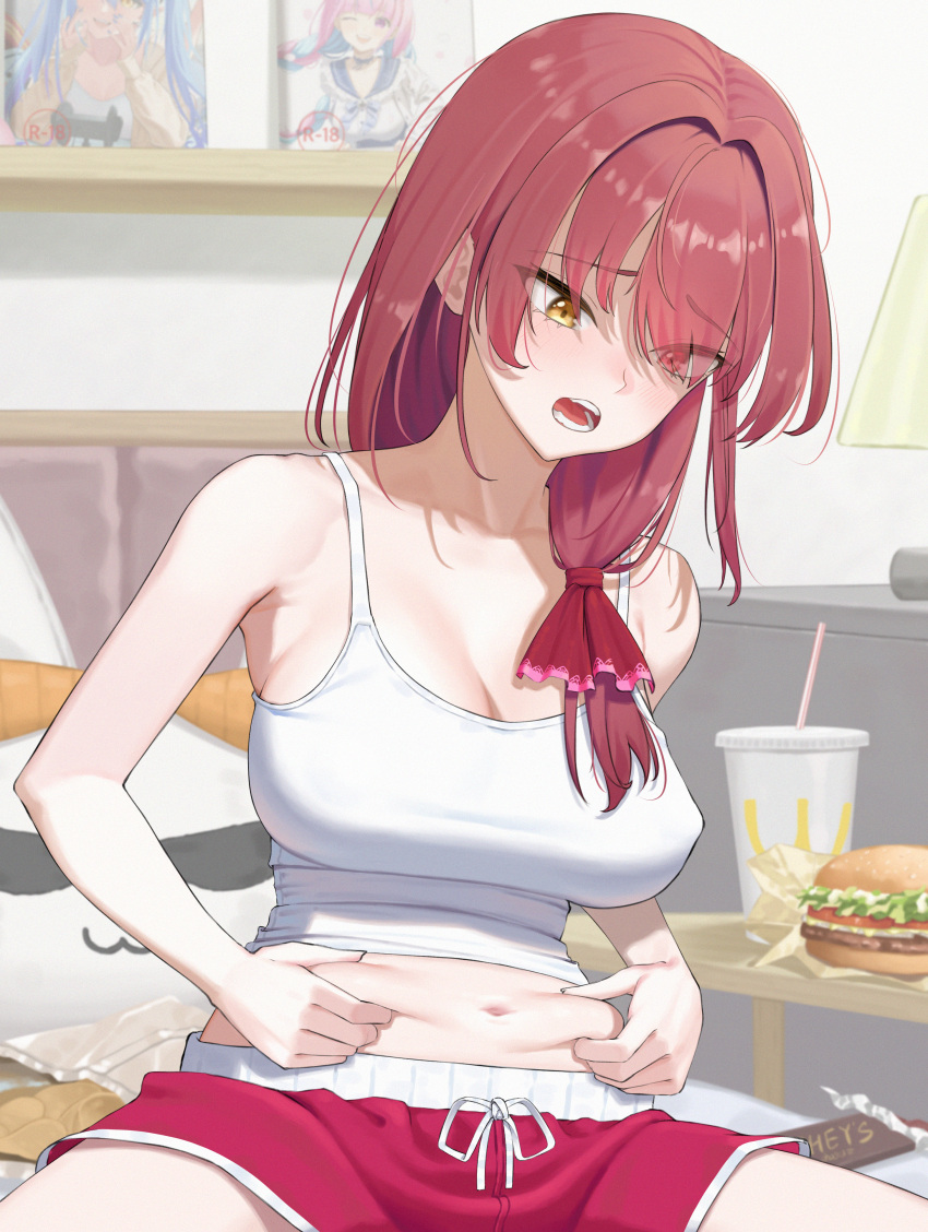 1girl absurdres alternate_costume alternate_hairstyle bangom_r belly_grab blush breasts burger camisole chocolate cleavage commentary_request cup disposable_cup drawstring fast_food food hair_over_shoulder hair_ribbon hands_on_own_stomach heterochromia highres hololive houshou_marine indoors knees_out_of_frame large_breasts long_hair looking_down low_ponytail mcdonald's minato_aqua minato_aqua_(sailor) navel no_bra nose_blush open_mouth pekomon_(usada_pekora) red_eyes red_hair red_shorts ribbon short_shorts shorts side_ponytail sitting solo virtual_youtuber weight_conscious white_camisole yellow_eyes yukihana_lamy