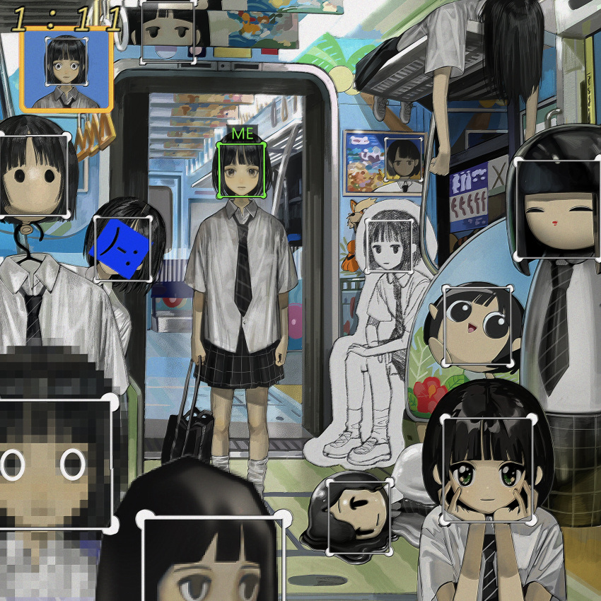 1990s_(style) 6+girls absurdres arcanine bag balloon black_bag black_eyes black_hair black_necktie black_skirt bob_cut brown_eyes character_cutout clone closed_mouth clothes_hanger collared_shirt emoticon expressionless green_eyes highres ikuta41 kirby_(series) looking_at_viewer lying medium_hair melting multiple_girls necktie on_stomach original pixelated plaid plaid_skirt pokemon retro_artstyle school_bag school_uniform shirt shoes short_hair short_sleeves skirt smile sneakers socks subway train_interior white_shirt white_socks wide-eyed