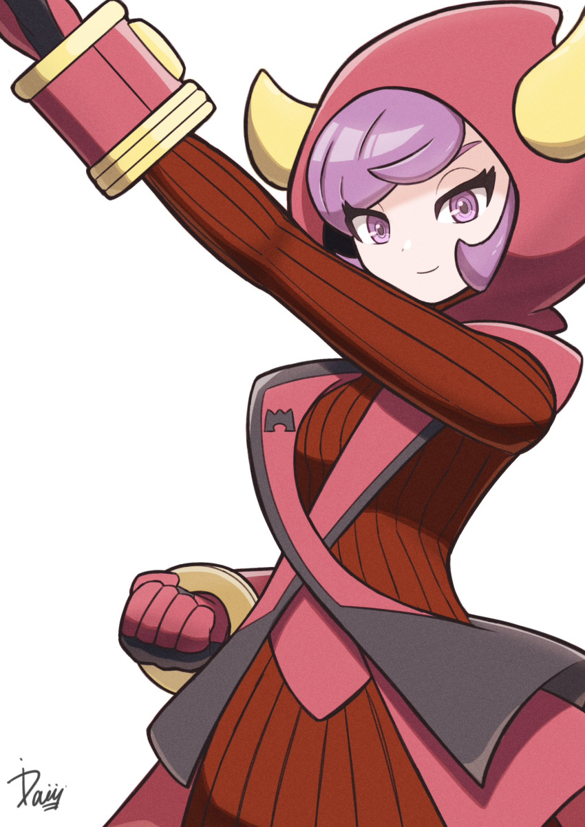 1girl breasts courtney_(pokemon) fake_horns gloves henshin_pose highres hood hood_up hoodie horns ida_(idalol490) kamen_rider kamen_rider_(1st_series) looking_at_viewer pokemon pokemon_oras purple_eyes purple_hair ribbed_sweater short_hair smile solo sweater team_magma team_magma_uniform uniform upper_body