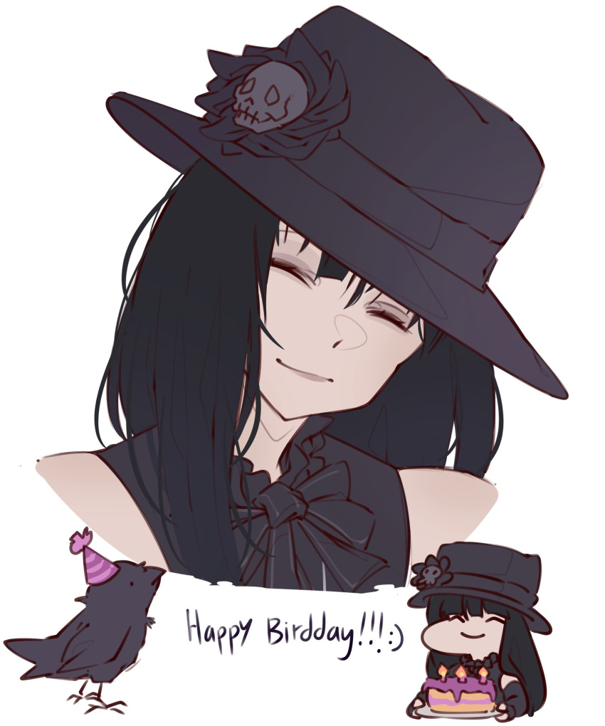 1other alternate_costume androgynous bare_shoulders bird black_gloves black_hair black_hat closed_eyes closed_mouth crow elbow_gloves fingerless_gloves gloves guilty_gear guilty_gear_strive happy_birthday hat_ornament highres long_hair looking_at_viewer mil17459623 other_focus skull skull_hat_ornament smile testament_(guilty_gear) upper_body